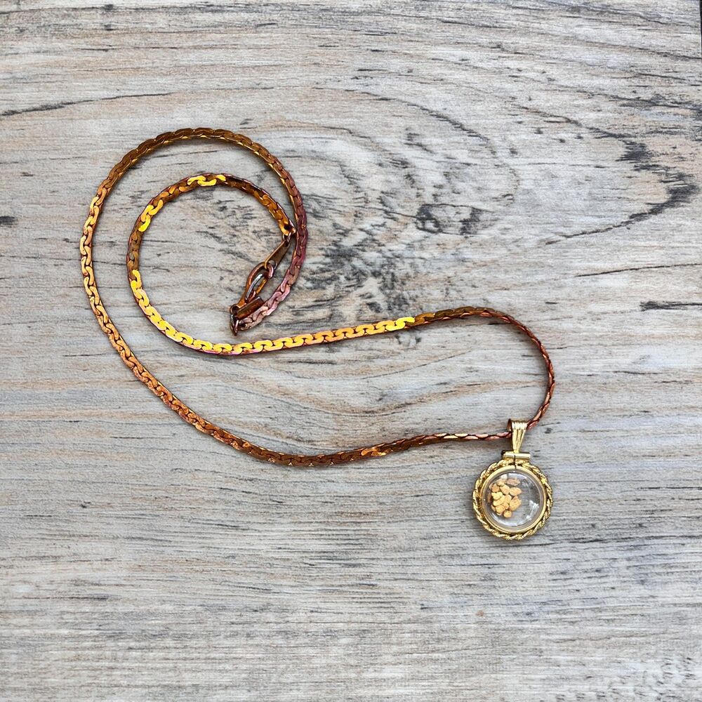 Vintage 12KGF Gold Nugget Shaker Pendant 14KGP Chain Real 22K Gold Nuggets